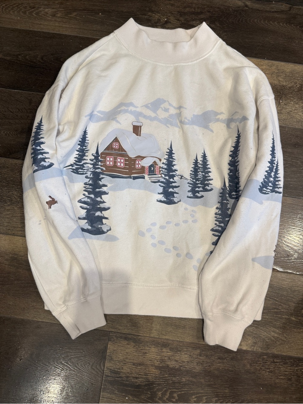 Hollister White Cabin Winter Scene Sweatshirt- Festive Holiday Pullover